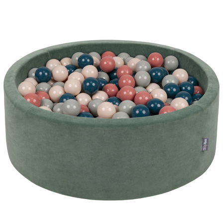 KiddyMoon Baby Foam Velvet Ball Pit with Balls 7cm/ 2.75in Certified, Velour Green: Dark Turquoise/ Pastel Beige/ Greengray/ Salmon Pink