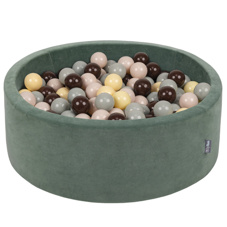 KiddyMoon Baby Foam Velvet Ball Pit with Balls 7cm/ 2.75in Certified, Velour Green: Pastel Beige/ Greengrey/ Pastel Yellow/ Brown