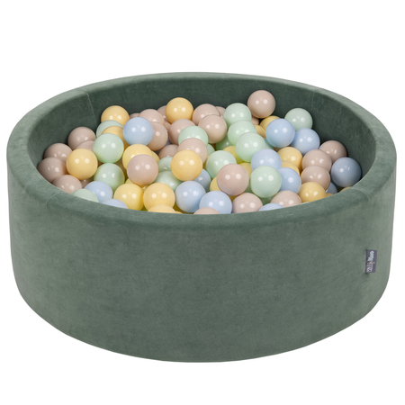 KiddyMoon Baby Foam Velvet Ball Pit with Balls 7cm/ 2.75in Certified, Velour Green: Pastel Beige/ Pastel Blue/ Pastel Yellow/ Mint