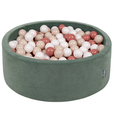 KiddyMoon Baby Foam Velvet Ball Pit with Balls 7cm/ 2.75in Certified, Velour Green: Pastel Beige/ Salmon Pink/ White