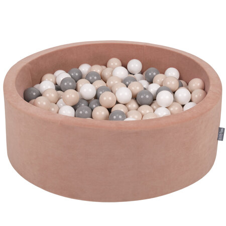 KiddyMoon Baby Foam Velvet Ball Pit with Balls 7cm/ 2.75in Certified, Velour Pink: Pastel Beige/ Grey/ White