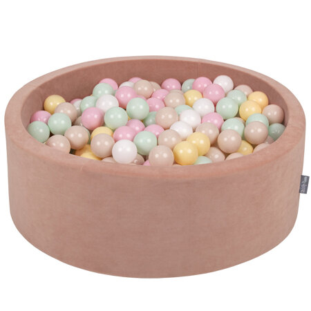 KiddyMoon Baby Foam Velvet Ball Pit with Balls 7cm/ 2.75in Certified, Velour Pink: Pastel Beige/ Pastel Yellow/ White/ Mint/ Powder Pink