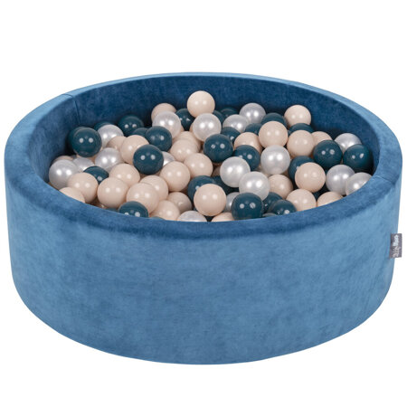 KiddyMoon Baby Foam Velvet Ball Pit with Balls 7cm/ 2.75in Certified, Velour Turquoise: Dark Turquoise/ Pastel Beige/ Pearl