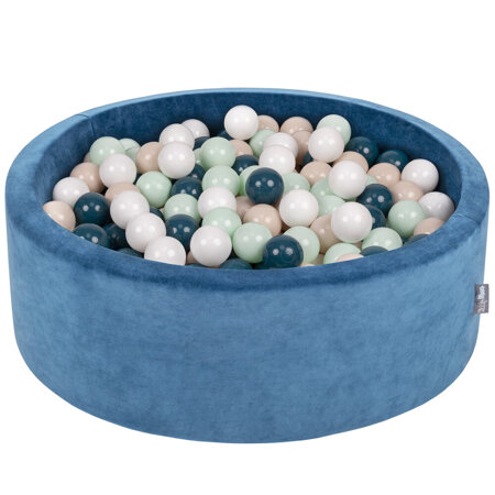 KiddyMoon Baby Foam Velvet Ball Pit with Balls 7cm/ 2.75in Certified, Velour Turquoise: Dark Turquoise/ Pastel Beige/ White/ Mint