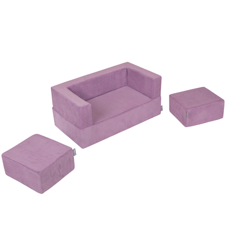 KiddyMoon Children's Foam Sofa with Two Poufs For Kids Comfortable and Lightweight Playroom Set Ribbed Fabric Removable Covers Perfect for Rest and Creative Play, Purple, Sofa/Pouf