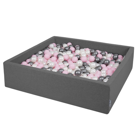 KiddyMoon Foam Ballpit Big Square with Plastic Balls, Certified Made In, Dark Grey: Pearl-Powder Pink-Silver