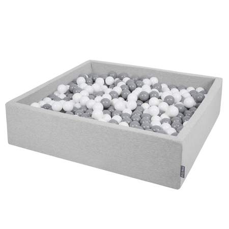 KiddyMoon Foam Ballpit Big Square with Plastic Balls, Certified Made In, Light Grey: White-Grey