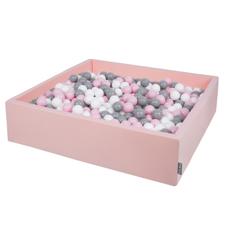 KiddyMoon Foam Ballpit Big Square with Plastic Balls, Certified Made In, Pink: White-Grey-Powder Pink