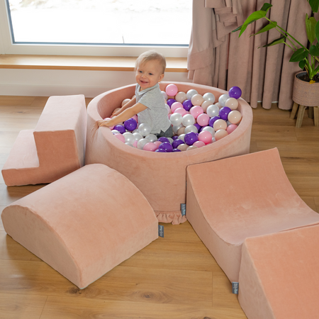 KiddyMoon Foam Playground Velvet for Kids with Round Ballpit ( 7cm/ 2.75In) Soft Obstacles Course and Ball Pool, Certified Made In The EU, Desert Pink: Pastel Beige/ Copper/ Pearl