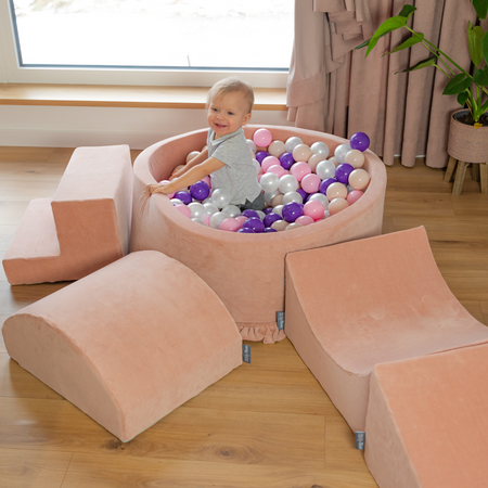 KiddyMoon Foam Playground Velvet for Kids with Round Ballpit ( 7cm/ 2.75In) Soft Obstacles Course and Ball Pool, Certified Made In The EU, Desert Pink: Pastel Beige/ Grey/ White