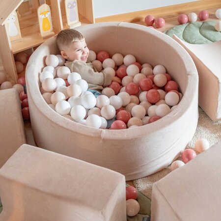 KiddyMoon Foam Playground Velvet for Kids with Round Ballpit ( 7cm/ 2.75In) Soft Obstacles Course and Ball Pool, Certified Made In The EU, Sand Beige:  Pastel Beige/ Pastel Yellow/ White/ Mint/ Powder Pink