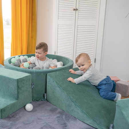 KiddyMoon Foam Playground Velvet for Kids with Round Ballpit ( ∅ 7cm/2.75In) Soft Obstacles Course and Ball Pool, Certified Made In The EU, Sand beige: dark turquoise/pastel beige/green/gray/salmon, Ballpit (100 Balls) + Wedge