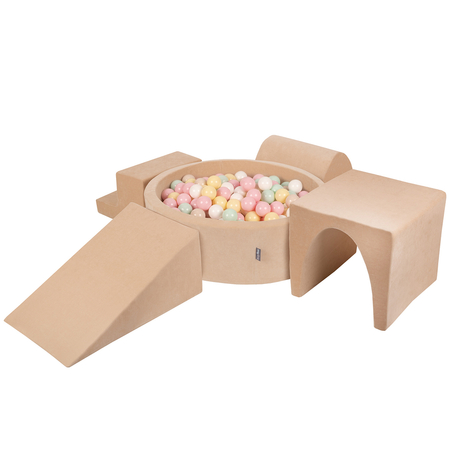 KiddyMoon Foam Playground Velvet for Kids with Round Ballpit ( ∅ 7cm/2.75In) Soft Obstacles Course and Ball Pool, Certified Made In The EU, Sand beige: pastel beige/pastel yellow/white/mint/powder pink, Ballpit (200 Balls) + Version 3