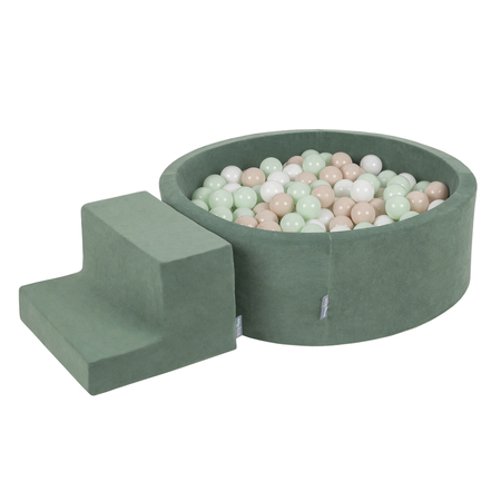 KiddyMoon Foam Playground Velvet for Kids with Round Ballpit (∅ 7cm/2.75In) Soft Obstacles Course and Ball Pool, Certified Made In The EU, forest green:pastel beige/white/mint, Ballpit (100 Balls) + Steps