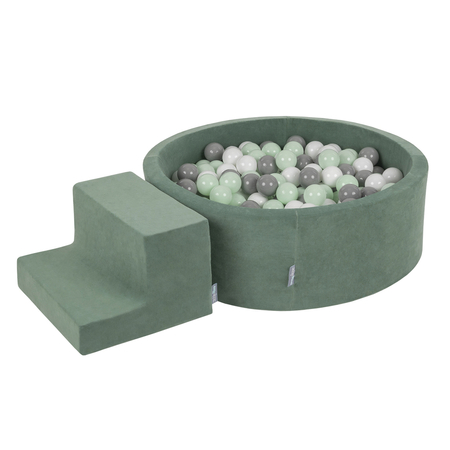 KiddyMoon Foam Playground Velvet for Kids with Round Ballpit (∅ 7cm/2.75In) Soft Obstacles Course and Ball Pool, Certified Made In The EU, forest green:white/grey/mint, Ballpit (200 Balls) + Steps