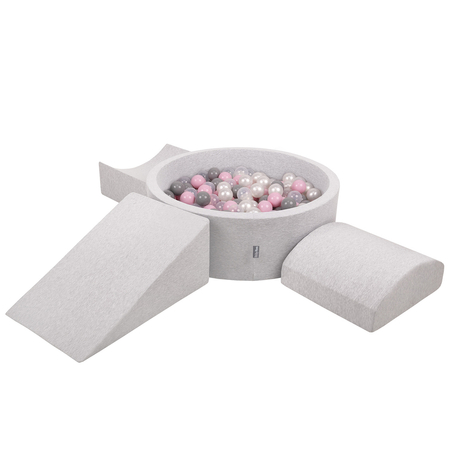 KiddyMoon Foam Playground for Kids with Ballpit and Balls, Lightgrey: Pearl/ Grey/ Transparent/ Powderpink