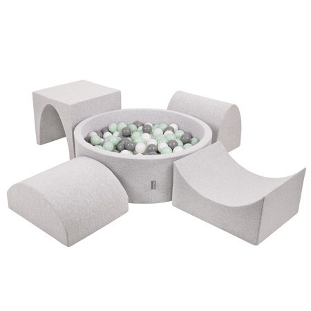 KiddyMoon Foam Playground for Kids with Ballpit and Balls, Lightgrey: White/ Grey/ Mint