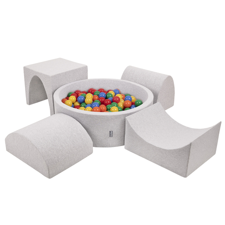 KiddyMoon Foam Playground for Kids with Ballpit and Balls, Lightgrey: Yellow/ Green/ Blue/ Red/ Orange