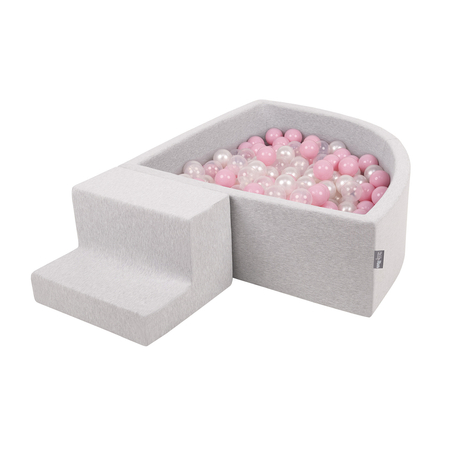KiddyMoon Foam Playground for Kids with Quarter Angular Ballpit and Balls, Lightgrey: Powderpink/ Pearl/ Transparent