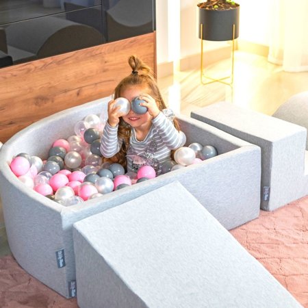 KiddyMoon Foam Playground for Kids with Quarter Angular Ballpit and Balls, Lightgrey: Powderpink/ Pearl/ Transparent