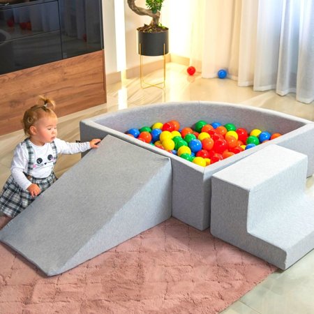 KiddyMoon Foam Playground for Kids with Quarter Angular Ballpit and Balls, Lightgrey: Powderpink/ Pearl/ Transparent