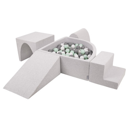 KiddyMoon Foam Playground for Kids with Quarter Angular Ballpit and Balls, Lightgrey: White/ Grey/ Mint
