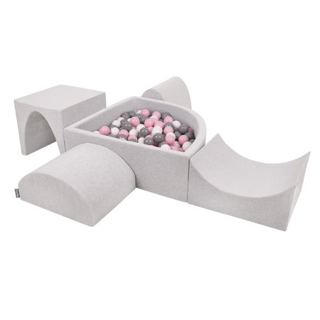 KiddyMoon Foam Playground for Kids with Quarter Angular Ballpit and Balls, Lightgrey: White/ Grey/ Powderpink