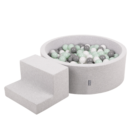 KiddyMoon Foam Playground for Kids with Round Ballpit (200 Balls 7cm/ 2.75In) Soft Obstacles Course and Ball Pool, Certified Made In The EU, Lightgrey: White/ Grey/ Mint