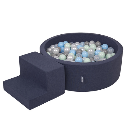 KiddyMoon Foam Playground for Kids with Round Ballpit (200 Balls ∅ 7cm/2.75In) Soft Obstacles Course and Ball Pool, Certified Made In The EU, darkblue:pearl/grey/transparent/babyblue/mint, Ballpit (200 Balls) + Steps