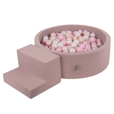 KiddyMoon Foam Playground for Kids with Round Ballpit (200 Balls ∅ 7cm/2.75In) Soft Obstacles Course and Ball Pool, Certified Made In The EU, heather: pastel beige/powder pink/pearl, Ballpit (200 Balls) + Steps