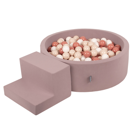 KiddyMoon Foam Playground for Kids with Round Ballpit (200 Balls ∅ 7cm/2.75In) Soft Obstacles Course and Ball Pool, Certified Made In The EU, heather: pastel beige/salmon/white, Ballpit (100 Balls) + Steps