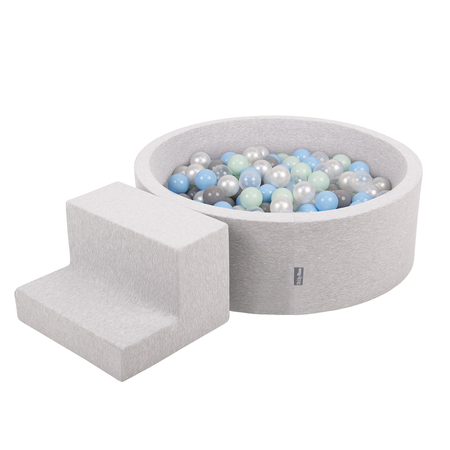 KiddyMoon Foam Playground for Kids with Round Ballpit (200 Balls ∅ 7cm/2.75In) Soft Obstacles Course and Ball Pool, Certified Made In The EU, lightgrey:pearl/grey/transparent/babyblue/mint, Ballpit (100 Balls) + Steps