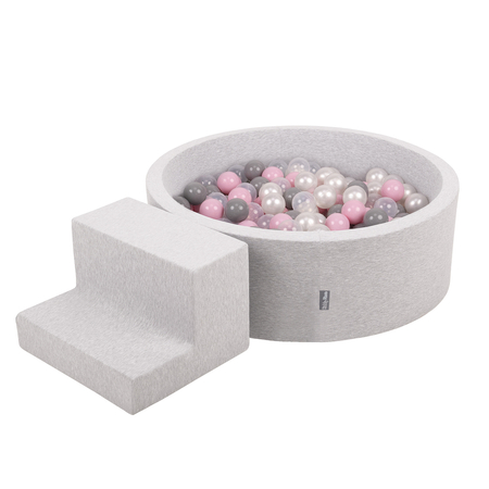 KiddyMoon Foam Playground for Kids with Round Ballpit (200 Balls ∅ 7cm/2.75In) Soft Obstacles Course and Ball Pool, Certified Made In The EU, lightgrey:pearl/grey/transparent/powderpink, Ballpit (100 Balls) + Steps