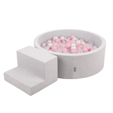 KiddyMoon Foam Playground for Kids with Round Ballpit (200 Balls ∅ 7cm/2.75In) Soft Obstacles Course and Ball Pool, Certified Made In The EU, lightgrey:powderpink/pearl/transparent, Ballpit (200 Balls) + Steps