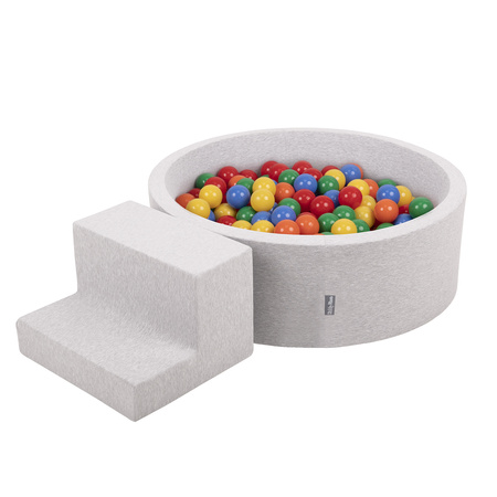 KiddyMoon Foam Playground for Kids with Round Ballpit (200 Balls ∅ 7cm/2.75In) Soft Obstacles Course and Ball Pool, Certified Made In The EU, lightgrey:yellow/green/blue/red/orange, Ballpit (100 Balls) + Steps