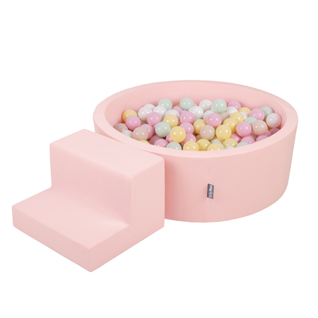 KiddyMoon Foam Playground for Kids with Round Ballpit (200 Balls ∅ 7cm/2.75In) Soft Obstacles Course and Ball Pool, Certified Made In The EU, pink:pink:pastel beige/pastel yellow/white/mint/powder pink, Ballpit (100 Balls) + Steps