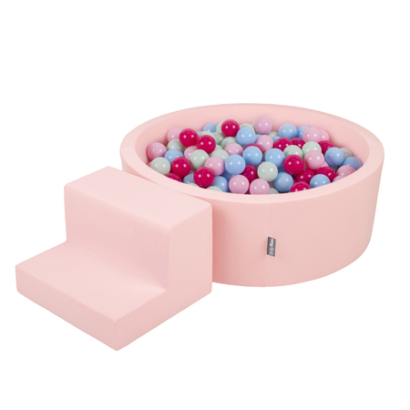 KiddyMoon Foam Playground for Kids with Round Ballpit (200 Balls ∅ 7cm/2.75In) Soft Obstacles Course and Ball Pool, Certified Made In The EU, pink:powder pink/dark pink/babyblue/mint, Ballpit (100 Balls) + Steps