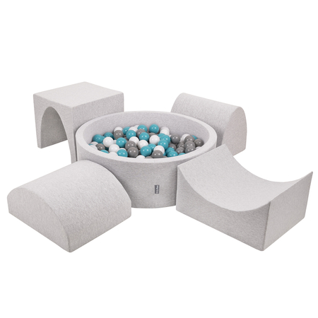 KiddyMoon Foam Playground for Kids with Round Ballpit ( 7cm/ 2.75In) Soft Obstacles Course and Ball Pool, Certified Made In The EU, Lightgrey: Grey/ White/ Turquoise