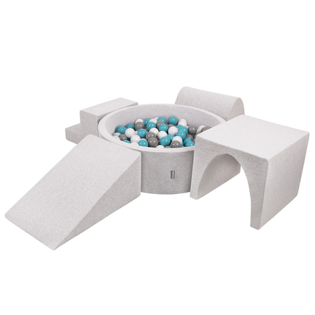 KiddyMoon Foam Playground for Kids with Round Ballpit ( 7cm/ 2.75In) Soft Obstacles Course and Ball Pool, Certified Made In The EU, Lightgrey: Grey/ White/ Turquoise