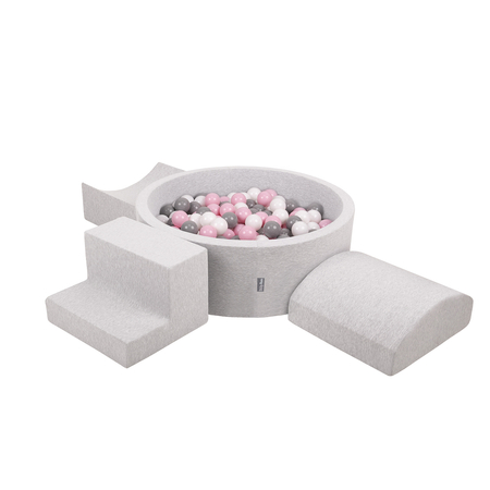KiddyMoon Foam Playground for Kids with Round Ballpit ( 7cm/ 2.75In) Soft Obstacles Course and Ball Pool, Certified Made In The EU, Lightgrey: White/ Grey/ Powderpink