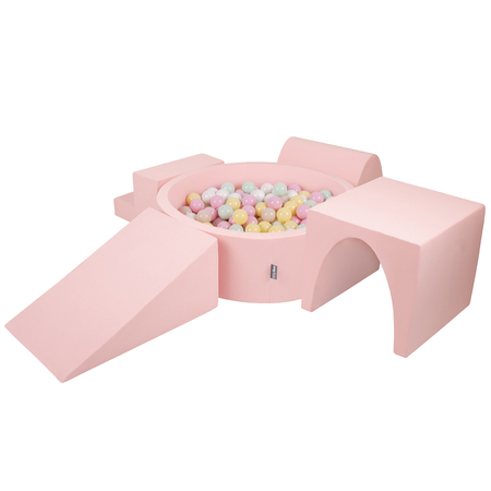 KiddyMoon Foam Playground for Kids with Round Ballpit ( 7cm/ 2.75In) Soft Obstacles Course and Ball Pool, Certified Made In The EU, Pink: Pastel Beige/ Pastel Yellow/ White/ Mint/ Light Pink