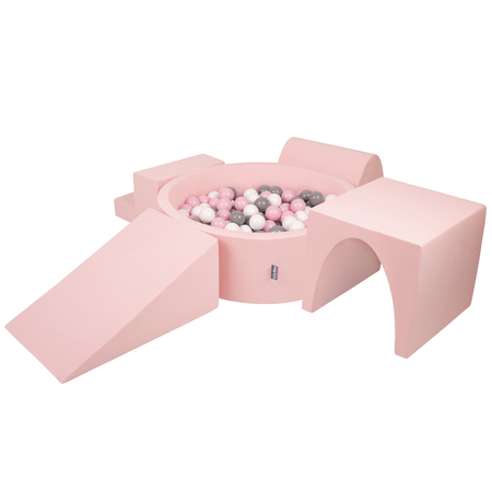 KiddyMoon Foam Playground for Kids with Round Ballpit ( 7cm/ 2.75In) Soft Obstacles Course and Ball Pool, Certified Made In The EU, Pink: White/ Grey/ Powder Pink