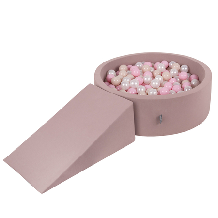 KiddyMoon Foam Playground for Kids with Round Ballpit ( ∅ 7cm/2.75In) Soft Obstacles Course and Ball Pool, Certified Made In The EU, heather: pastel beige/powder pink/pearl, Ballpit (100 Balls) + Wedge