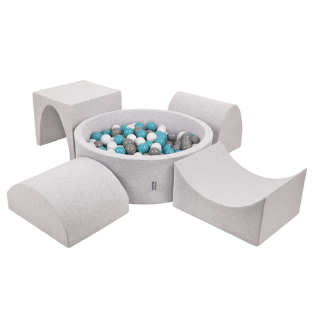 KiddyMoon Foam Playground for Kids with Round Ballpit ( ∅ 7cm/2.75In) Soft Obstacles Course and Ball Pool, Certified Made In The EU, lightgrey:grey/white/turquoise, Ballpit (300 Balls) + Version 1