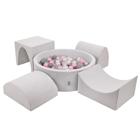 KiddyMoon Foam Playground for Kids with Round Ballpit ( ∅ 7cm/2.75In) Soft Obstacles Course and Ball Pool, Certified Made In The EU, lightgrey:pearl/grey/transparent/powderpink, Ballpit (300 Balls) + Version 1