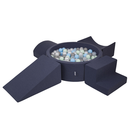 KiddyMoon Foam Playground for Kids with Round Ballpit ( ∅ 7cm/2.75In) Soft Obstacles Course and Ball Pool, Certified Made In The EU, navy blue: pearl-grey-transparent-babyblue-mint, Ballpit (200 Balls) + Version 5