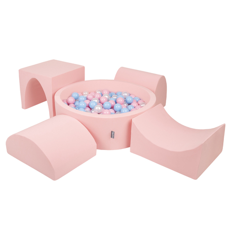 KiddyMoon Foam Playground for Kids with Round Ballpit ( ∅ 7cm/2.75In) Soft Obstacles Course and Ball Pool, Certified Made In The EU, pink:babyblue/powder pink/pearl, Ballpit (300 Balls) + Version 1