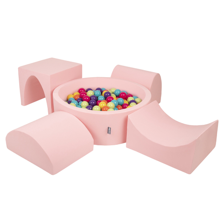 KiddyMoon Foam Playground for Kids with Round Ballpit ( ∅ 7cm/2.75In) Soft Obstacles Course and Ball Pool, Certified Made In The EU, pink:lgreen/yellow/turquoise/orange/dpink/purple, Ballpit (200 Balls) + Version 1