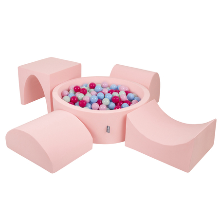 KiddyMoon Foam Playground for Kids with Round Ballpit ( ∅ 7cm/2.75In) Soft Obstacles Course and Ball Pool, Certified Made In The EU, pink:powder pink/dark pink/babyblue/mint, Ballpit (200 Balls) + Version 1