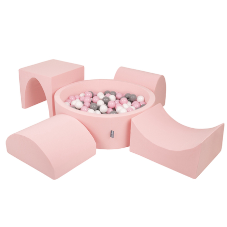 KiddyMoon Foam Playground for Kids with Round Ballpit ( ∅ 7cm/2.75In) Soft Obstacles Course and Ball Pool, Certified Made In The EU, pink:white/grey/powder pink, Ballpit (300 Balls) + Version 1